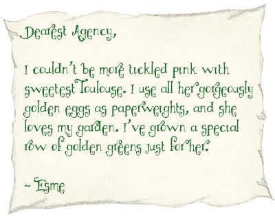 Dearest Agency,  I couldn’t be more tickled pink with sweetest Toulouse. I use all her gorgeously golden eggs as paperweights, and she loves my garden. I’ve grown a special row of golden greens just for her. - Esme
